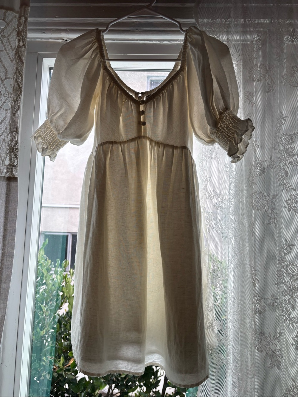 Linen Sabo Skirt Dress Puff Sleeve